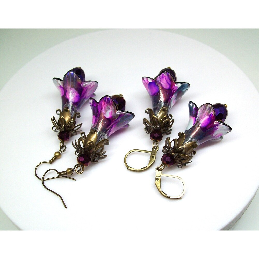 Floral Purple Drop Earrings, Vintage Style, Bronze, Flower Gifts for Her